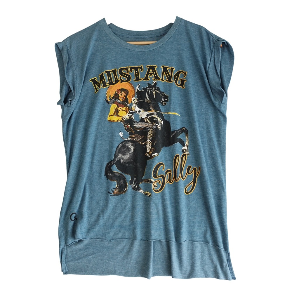 Rodeo Quincy Top Womens M Blue Mustang Sally Graphic Muscle Tee Cowgirl Western